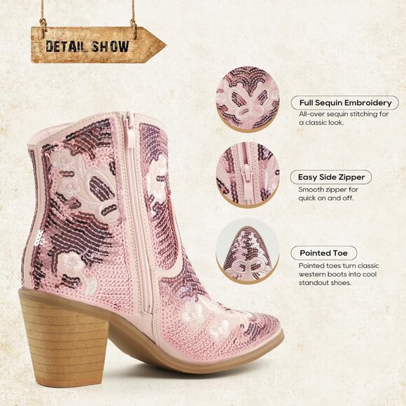 Women's Sparkling Cream Shiny Sequin Embroidery Ankle Pointed Toe Western Boot - Picture 4 of 7